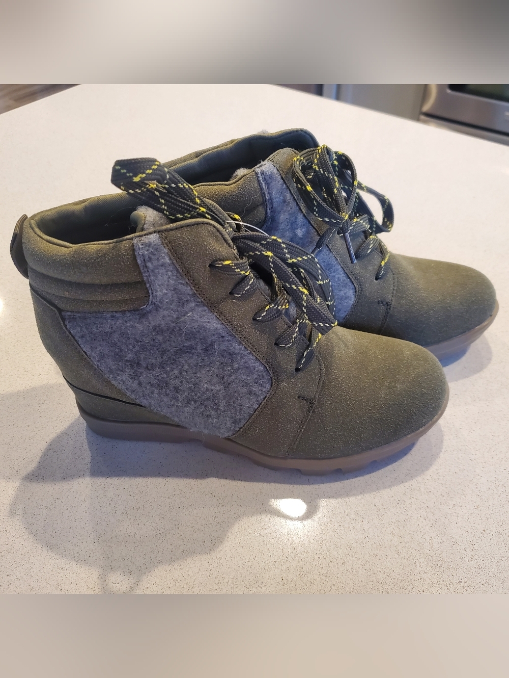 New. Wedge Boots. Olive & Grey, Size 8